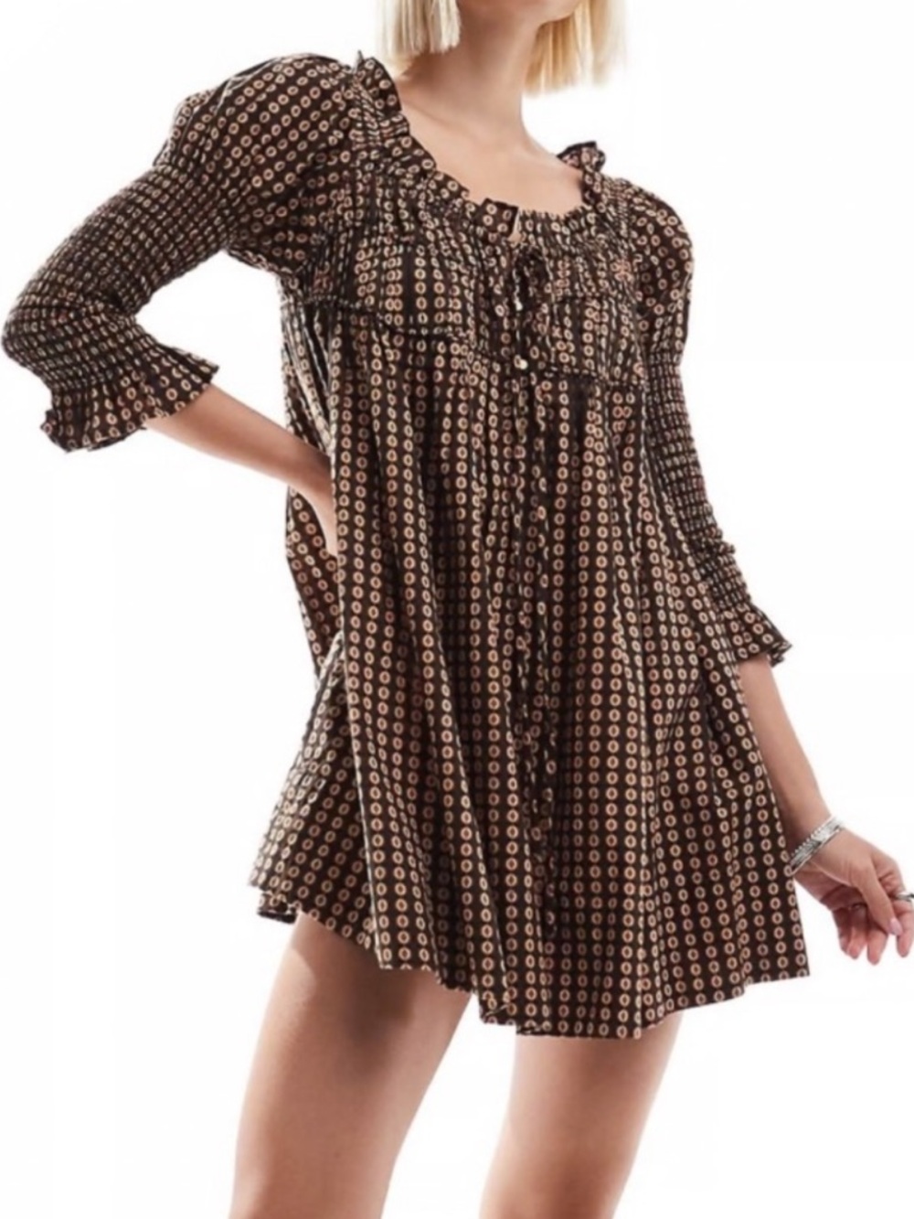 FREE PEOPLE STAR DIP LONG SLEEVE MINI DRESS BLACK BROWN COMBO SMALL